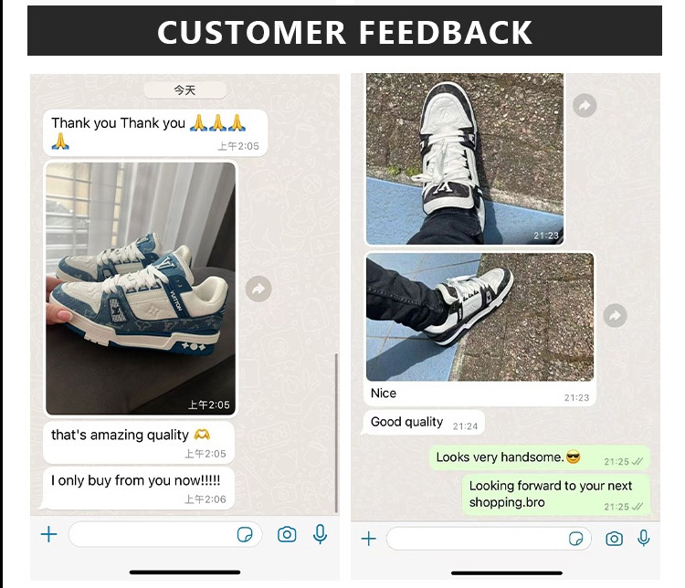 Customer feedback - WhatsApp chat showing Louis Vuitton sneakers and customer satisfaction reviews